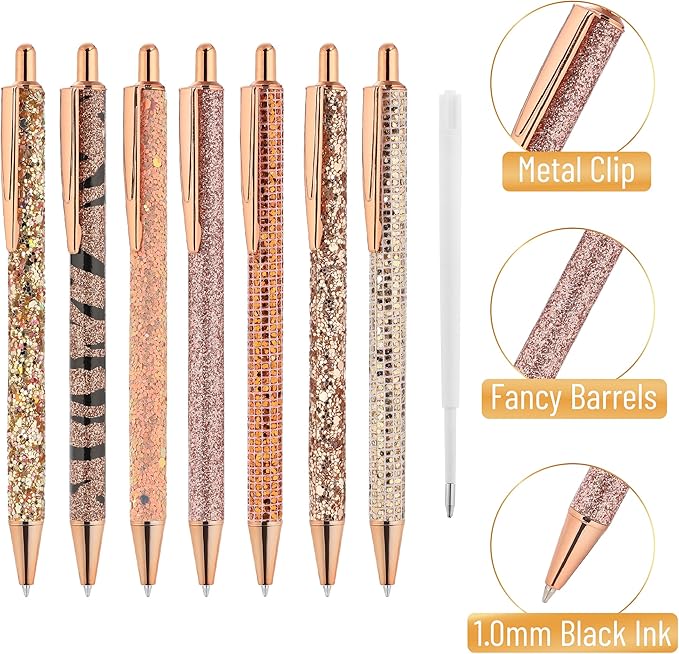 Mr. Pen- Fancy Pens for Women, 7 Black Ink Ballpoint Pens with 10 Refills, 1.0mm, Rose Gold Reverie, Glitter Cute Pens for Journaling, Sparkly Fancy Pen, Easter Gift