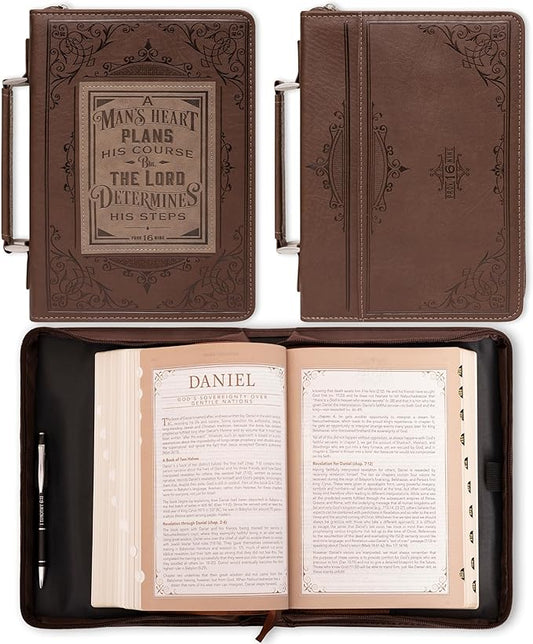 Christian Art Gifts Men's Classic Bible Cover A Man’s Heart Proverbs 16:9, Brown/Tan Faux Leather, Large