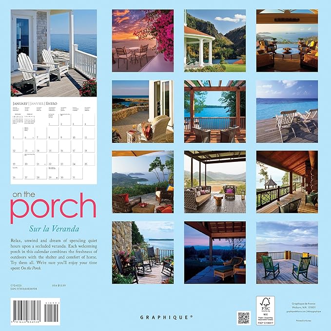 Graphique 2025 On the Porch Wall Calendar | 12” x 12” | Thick Paper | Home & Office Organizer | Large Monthly Grid | 3 Languages & Marked Holidays | 4 Month Preview Page for 2026