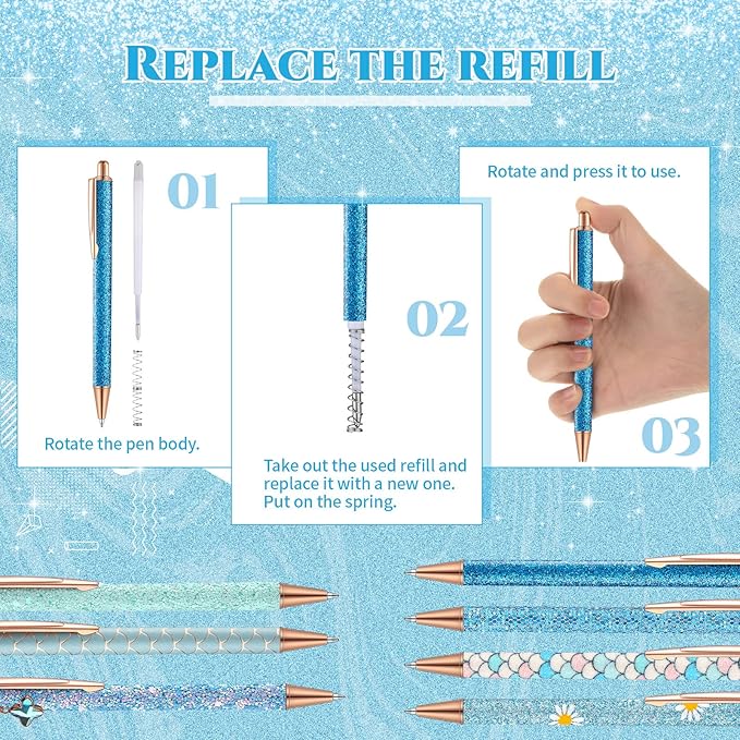 Sherr 7 Pcs Fancy Pens for Women Cute Sparkly Glitter Pens with 10 Pcs Black Ink Refills Pretty Gifts for Girls Office School Christmas Graduation(Blue,Plain)