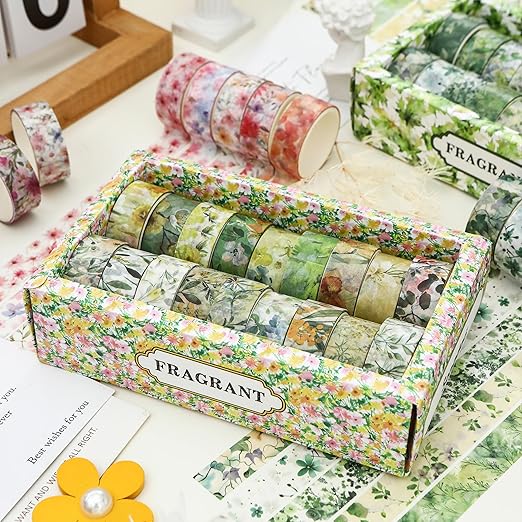 18 Rolls Blossom Washi Tape Set Floral Arts Adhesive Tapes Flowers Garden Decorative Masking Tape Sets for Craft, Kids, Scrapbook, DIY, Gift Wrapping (Emerald Vines)
