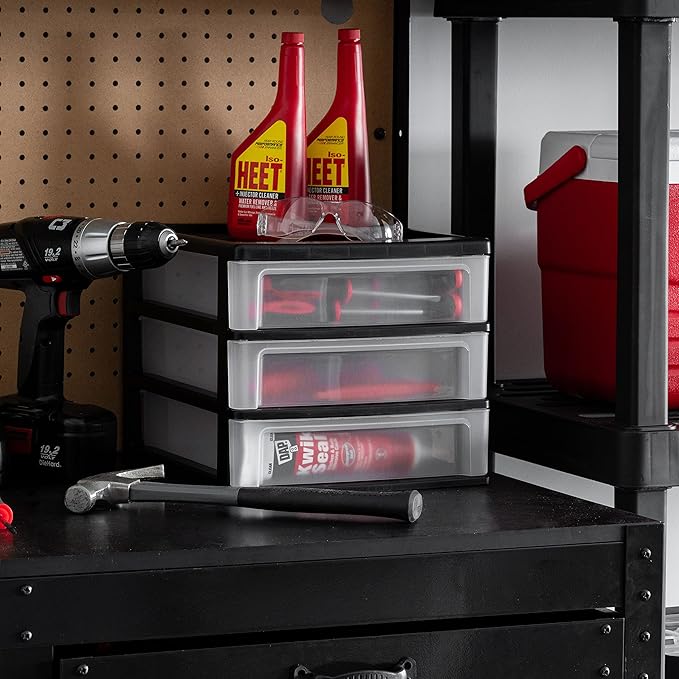 IRIS USA Plastic Stacking Desk Top 3-Drawer Storage Organizer, 1-Pack, for Makeup Vanity Nail Polish Bathroom Stationery Art Craft Supplies Kitchen Office Garage and Small Organization, Medium, Black