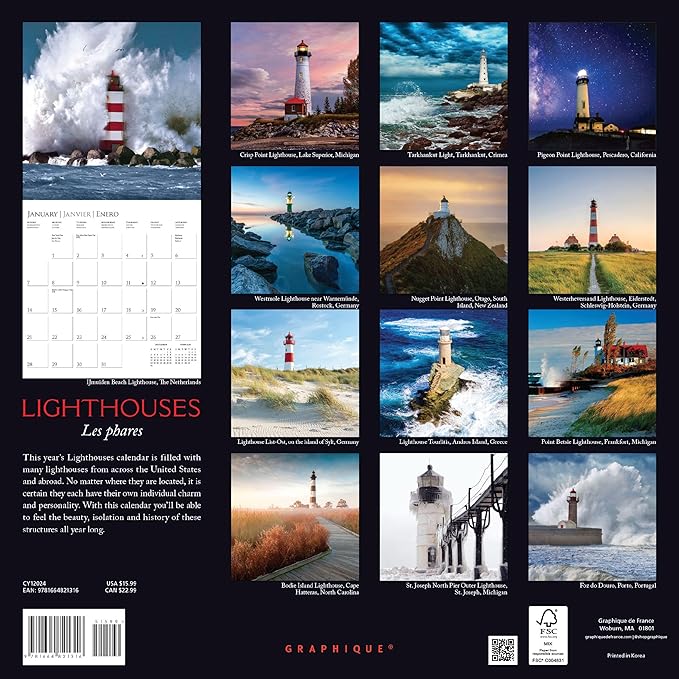 Graphique 2024 Lighthouses Wall Calendar | 12” x 12” | Thick Paper | Home & Office Organizer | Large Monthly Grid | 3 Languages & Marked Holidays | 4 Month Preview Page for 2025
