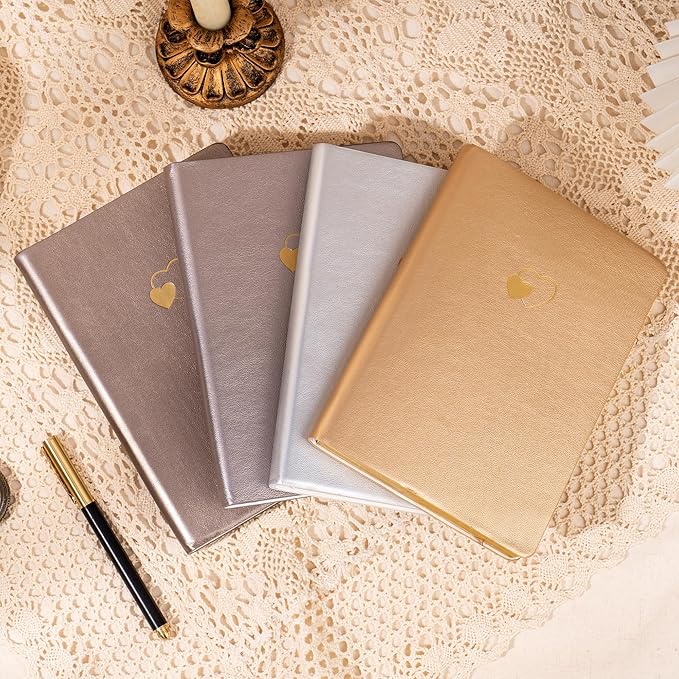 CAGIE 4 Pack Lined Journal Notebook for Women and Girls 256 Pages Cute Diary with Heart-Shaped Leather Journals for Writing A5 Soft Cover Notebooks for Work School (Silver, A5)