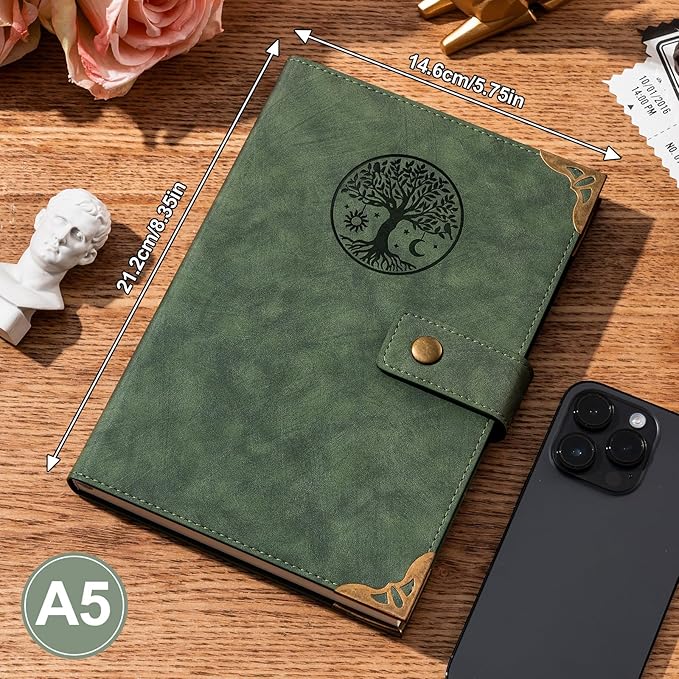 Lined Journal for Women Journals for Writing 260 Pages A5 Notebooks for Work Tree of Life Hardcover Leather Diary Journals, 5.7”x8.3”, Green