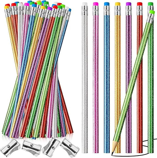 Outus 68 Pieces Glitter Pencils with Eraser Wood Colorful Pencils and Sharpeners for Graduation Kids Writing Painting