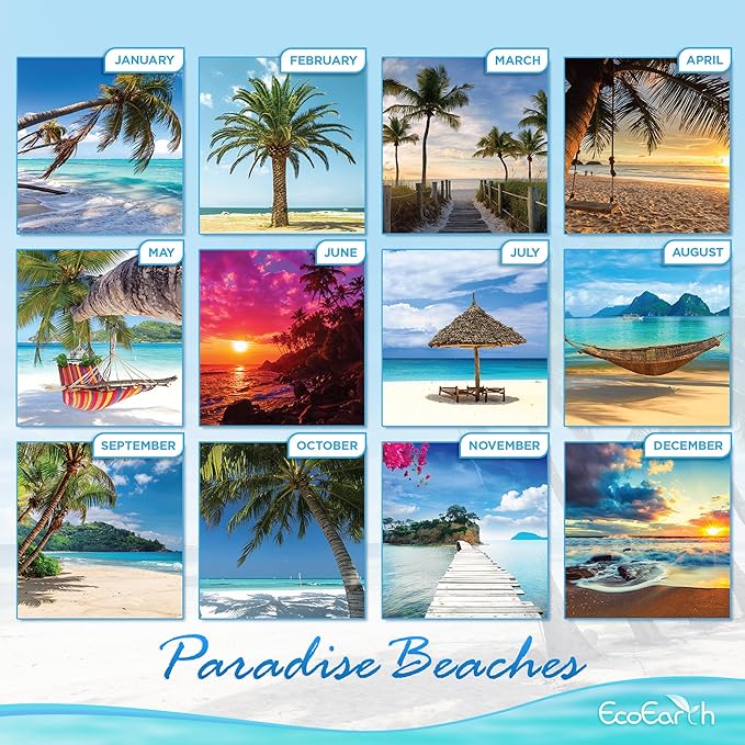 EcoEarth - Biodegradable 11x17 Inch (Open) 12-Month Vertical Hanging Wall Calendar - 2025 Monthly Calendar - Paradise Beaches