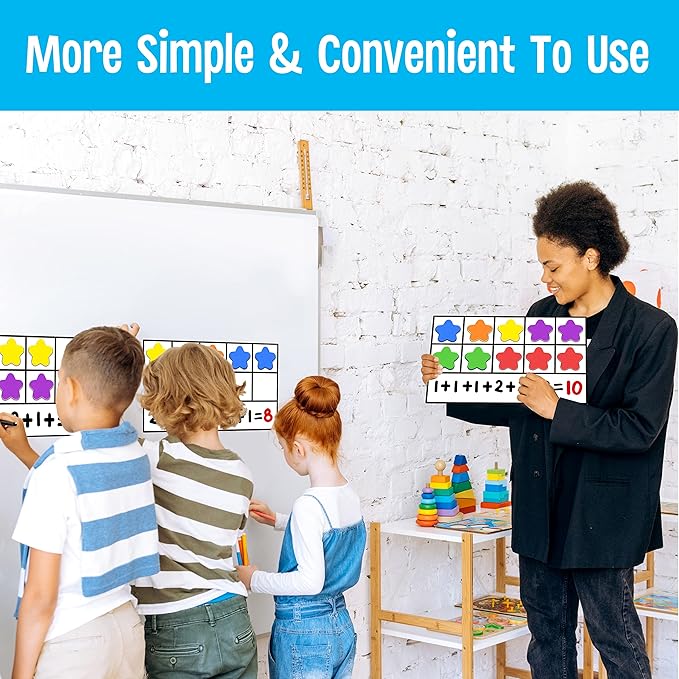 Magnetic Ten-Frame Set, 6 Frames & 66 Colorful Star-Shaped Counters Ten Frame Math Games Manipulative Counting Toys for Kindergarten Preschool, 6 Colors & 2 Markers (Fridge & Hand-held)