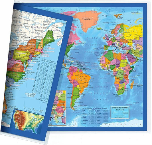 2-Sided Desk Map with Durable Lamination (1 Pack : US & US Centered World)