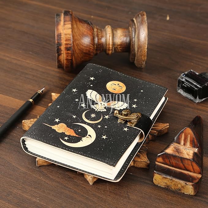 Handmade Leather Journal, Black, Sun & Moon Design, 8 x 6 Inch, 200 Unruled Pages, Hand Embossed, White Paper, Brass Clasp Lock, Vintage Notebook Diary, Sketchbook for Artists & Writers