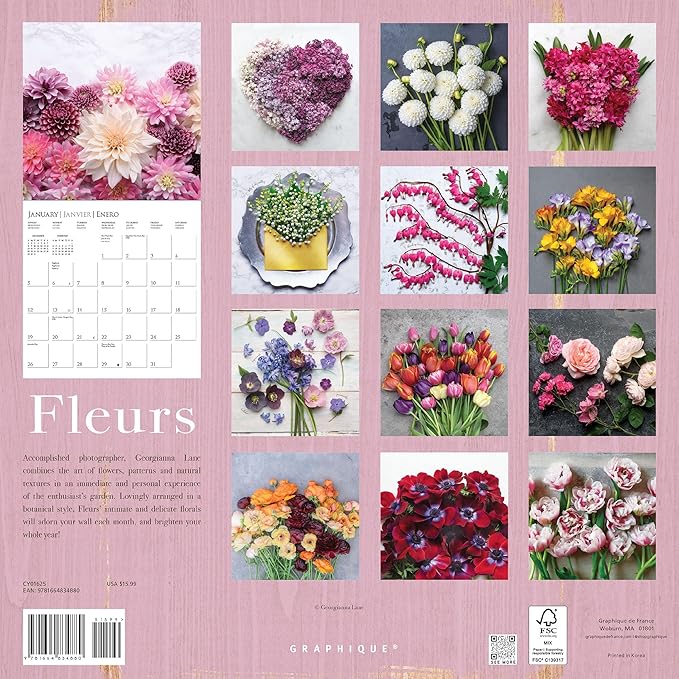 Graphique 2025 Fleurs Wall Calendar | 12” x 12” | Thick Paper | Home & Office Organizer | Large Monthly Grid | 3 Languages & Marked Holidays | 4 Month Preview Page for 2026