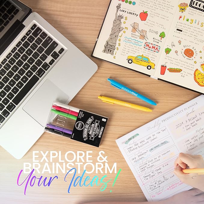 Loddie Doddie Gel Pens - 8-Pack 0.7 mm Medium Point Retractable, No Bleed, Smooth Writing Neon Ink for Journaling & Note Taking