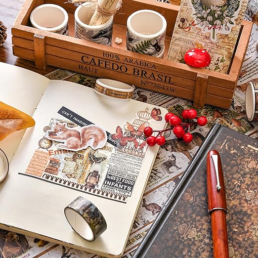 18 Rolls Vintage Washi Tape Pack Retro Arts Adhesive Tapes Wide Monologue Decorative Masking Tape Sets for Craft, Kids, Scrapbook, DIY, Gift Wrapping (Jungle Trails)