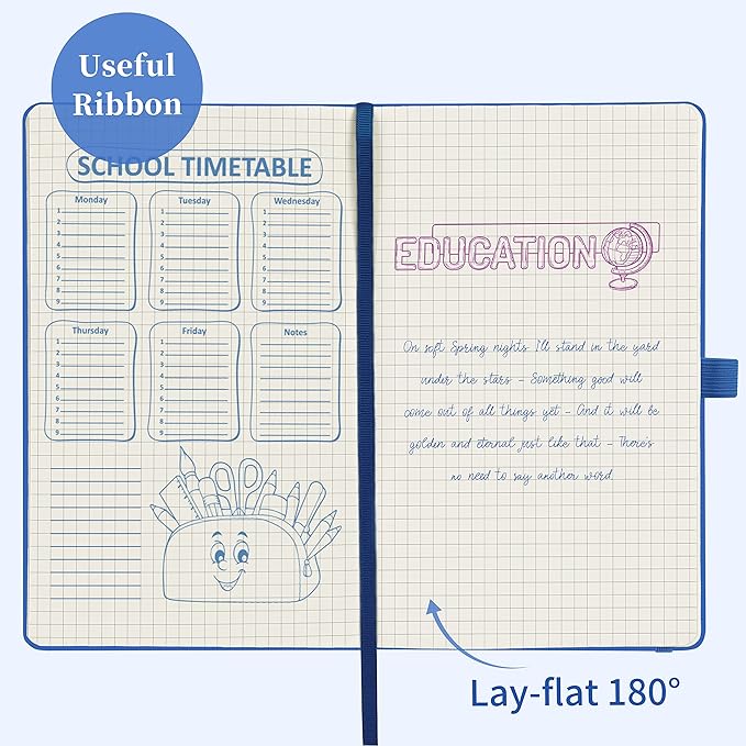 Graph Grid Paper Notebook/Journal - Classic Journal/Notebook with Ribbon Divider, Hardcover with Thick Paper, 5.3" x 8.26", Banded + Pen Holder +Inner Pocket - Deep Blue