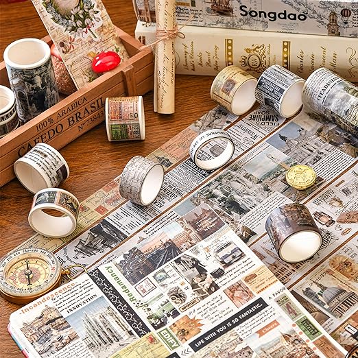 18 Rolls Vintage Washi Tape Pack Retro Arts Adhesive Tapes Wide Monologue Decorative Masking Tape Sets for Craft, Kids, Scrapbook, DIY, Gift Wrapping (Travel The World)