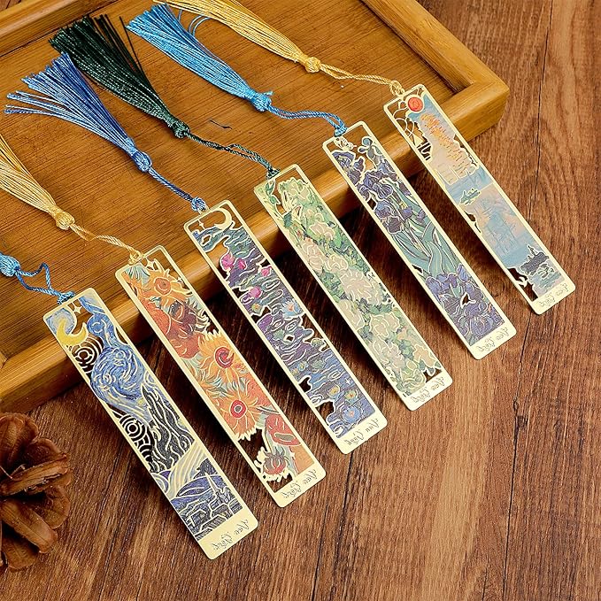 6Pcs Metal Bookmarks with Tassel, Golden Hollow Bookmark Metal Van Gogh Bookmarks Gifts for Book Lovers Writers Readers Teachers Students Men Women