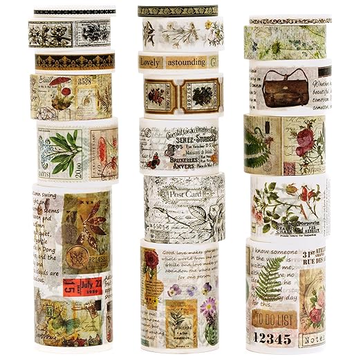 18 Rolls Vintage Washi Tape Pack Retro Arts Adhesive Tapes Wide Monologue Decorative Masking Tape Sets for Craft, Kids, Scrapbook, DIY, Gift Wrapping (Misty Forests)