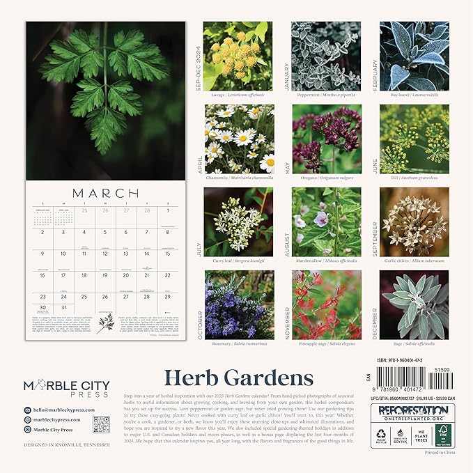 Herb Gardens Calendar 2025 | 12" x 24" Herbal Wall Calendar 12 Month | Marble City Press | Advice for Year Round Growing, Garden and Herbalist Tips Throughout | Super Foods, Home Gardening
