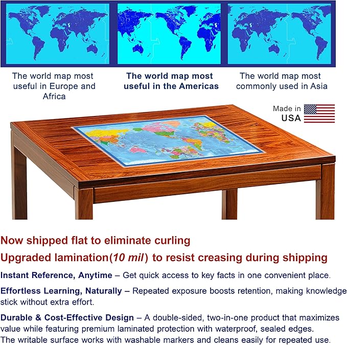 2-Sided Desk Map with Durable Lamination (2 Desk Maps: US Map/US Centered World Map)