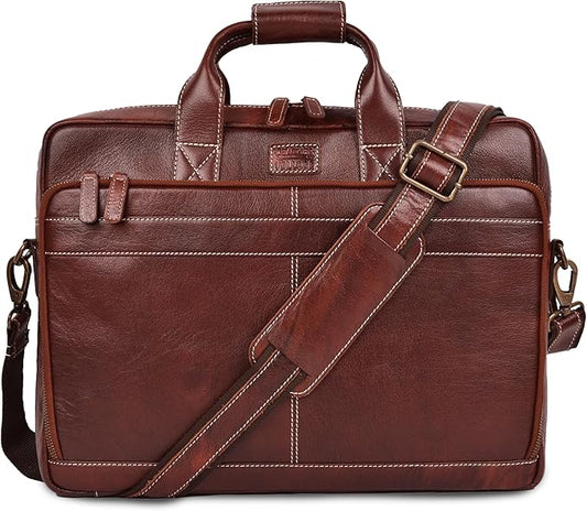LEATHER VILLAGE 16" Leather Laptop Messenger Briefcase Bag for Men-Leather Satchel for Travel and Office Shoulder Bag-Red Brown