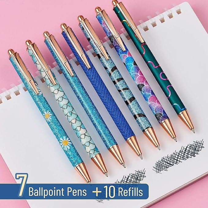 Mr. Pen- Fancy Pens for Women, Azure Elegance, 7 Black Ink Ballpoint Pens with 10 Refills, 1.0mm, Cute Pens for Journaling, Easter Gift