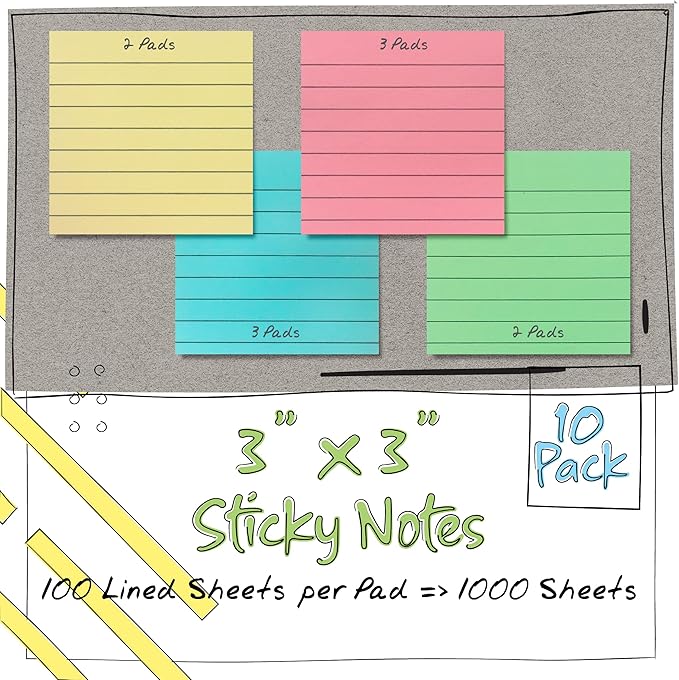 Lined Sticky Notes 3 x 3, 10 Pack, 1,000 Sheets (100/Pad), Self Stick Notes with Lines, Assorted Pastel Colors, by Better Office Products, Post Memos, Strong Adhesive, 10 Pads