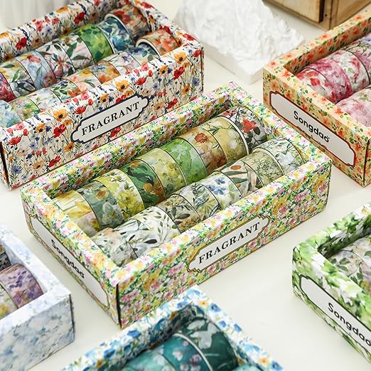 18 Rolls Blossom Washi Tape Set Floral Arts Adhesive Tapes Flowers Garden Decorative Masking Tape Sets for Craft, Kids, Scrapbook, DIY, Gift Wrapping (Ocean Breeze)