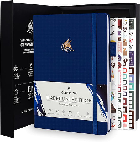 Clever Fox Planner Premium Edition – Undated Luxurious Weekly & Monthly Planner to Increase Productivity and Hit Your Goals – Organizer – Start Anytime, A5, Lasts 1 Year, Navy Blue (Weekly)