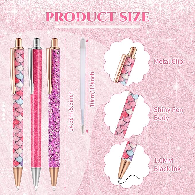 Sherr 7 Pcs Fancy Pens for Women Cute Sparkly Glitter Pens with 10 Pcs Black Ink Refills Pretty Gifts for Girls Office School Christmas Graduation(Hot Pink,Lovely)