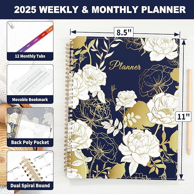 SUNEE 2025 Weekly and Monthly Planner - from January 2025 - December 2025, 8.5"x11" Daily Agenda Planner with Monthly Tab, Flexible Cover, Note Pages, Pockets, Bookmark, Spiral Binding, Dark Blue