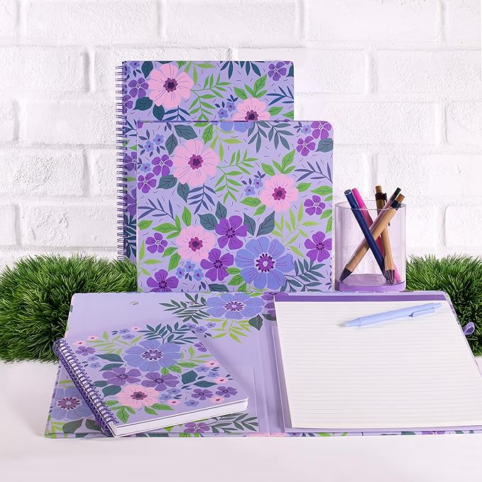 Steel Mill & Co Cute Large Spiral Notebook College Ruled, 11" x 9.5" with Durable Hardcover and 160 Lined Pages, Lilac Floral