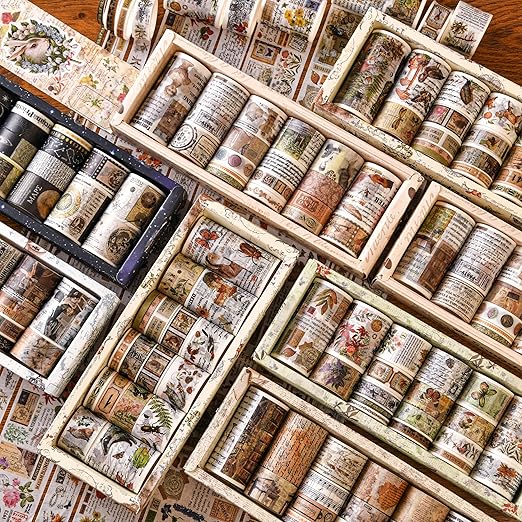 18 Rolls Vintage Washi Tape Pack Retro Arts Adhesive Tapes Wide Monologue Decorative Masking Tape Sets for Craft, Kids, Scrapbook, DIY, Gift Wrapping (Story Collections)