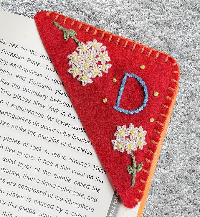 Personalized Hand Embroidered Corner Bookmark, Bookmarks for Women, Personalized Bookmark for Books, Cute Flower Book Mark, Hand Stitch Gift for Women for Book Lovers by HNQCPCVU (D, RED)