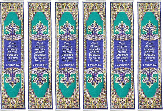 Don't Be Anxious, Bulk Pack of 6 Woven Fabric Christian Bookmarks, Silky Soft 1 Peter 5:7 Flexible Bookmarker for Novels Books and Bibles, Traditional Turkish Woven Design, Memory Verse Gift