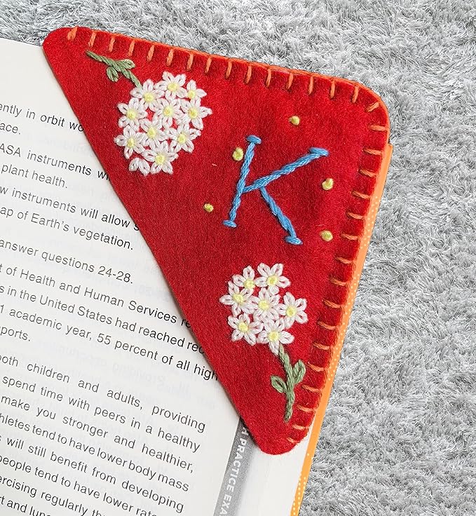 Personalized Hand Embroidered Corner Bookmark, Bookmarks for Women, Personalized Bookmark for Books, Cute Flower Book Mark, Hand Stitch Gift for Women for Book Lovers by HNQCPCVU (K, RED)