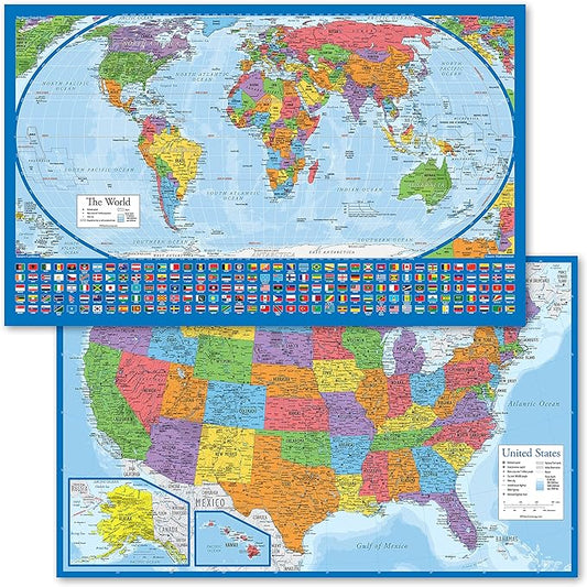 2 Pack - Laminated World Map Poster & USA Map Set - Equal Earth world map design shows continents at true relative size - US Map 18” x 29”