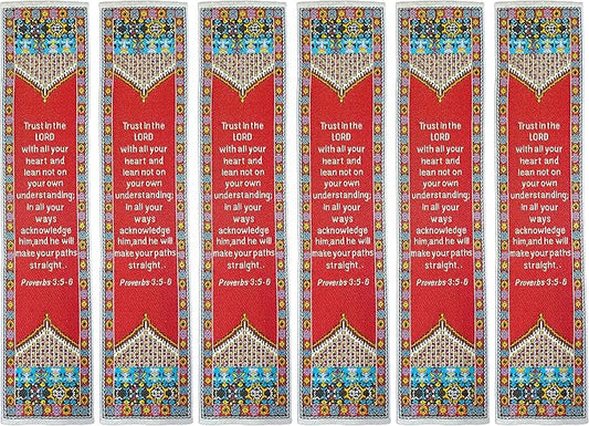 Trust in The Lord, Bulk Pack of 6 Woven Fabric Christian Bookmarks, Silky Soft Proverbs 3:5-6 Red Flexible Bookmarker for Novels Books and Bibles, Traditional Turkish Woven Design, Memory Verse Gift