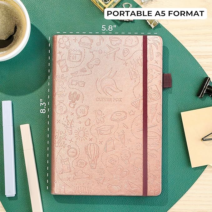 Clever Fox Dotted Journal 2.0 – Compact Planning and Sketching Dot Grid Notebook 120 GSM Thick, No-Bleed Paper – Planner with Pen Loop, Pocket, Ribbons, Stickers A5 - Rose Gold
