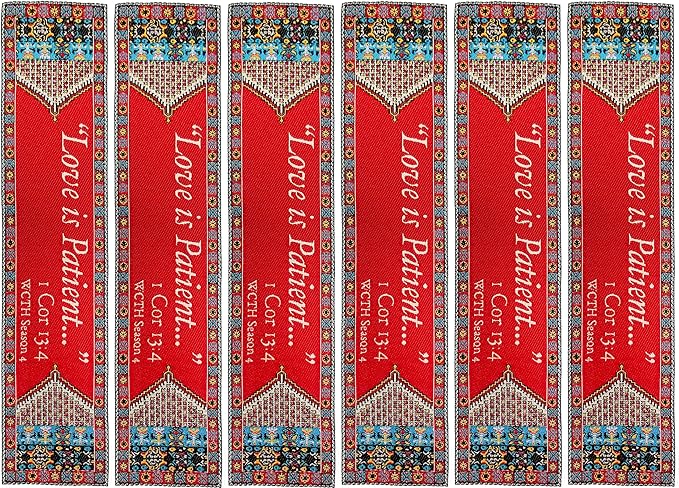 Love is Patient, Bulk Pack of 6 Woven Fabric Christian Bookmarks, Silky Soft 1 Corinthians 13:4 Flexible Bookmarker for Novels Books and Bibles, Religious Memory Verse Gift