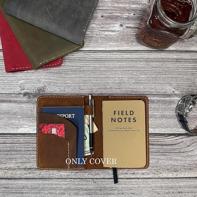 Leather Cover for Field Notes, Passport Cover, Leather Notebook Cover for 3.5" x 5.5" with Pen Holder, Only Cover (Oak)