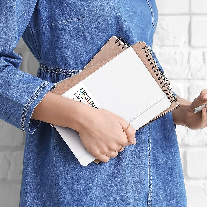 Blank Journal/Notebook - Classic Notebook/Journal with Ribbon Divider, Hardcover with Thick Paper, 5.3'' x 8.26'', Banded + Pen Holder +Inner Pocket - White