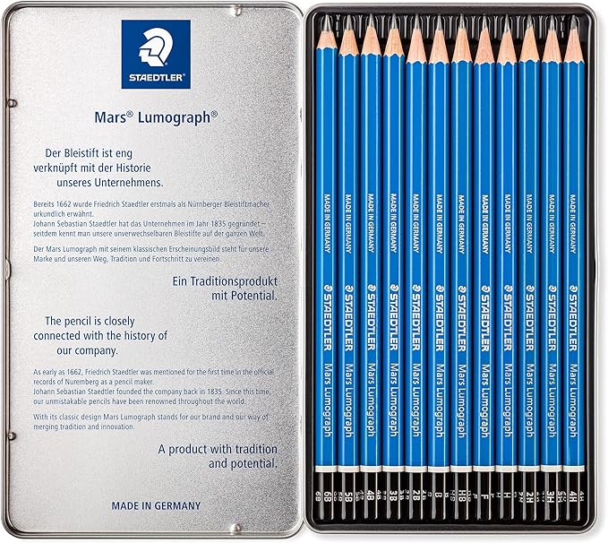 STAEDTLER Mars Lumograph Art Drawing Pencils (Graphite, 12 Pack in Metal Case) with Double Hole Pencil Sharpener