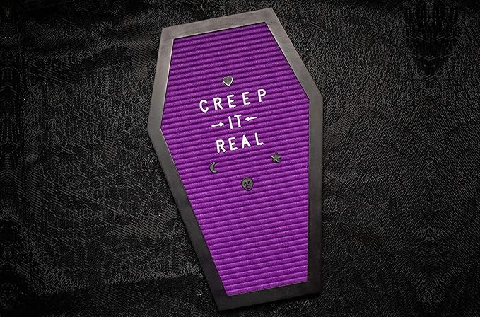 Coffin Letter Board Purple With Spooky Emojis +500 Characters, and Wooden Stand - 17x10.5 Inches - Gothic Halloween Decor Spooky Gifts Decorations